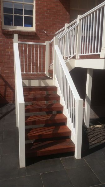 140mm Merbau stairs with custom powder coated balustrading