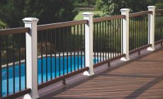 trex transcend decking spiced rum vintage lantern railing classic white posts pool
