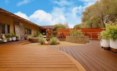 trex transcend decking tiki torch lava rock elevations sunset